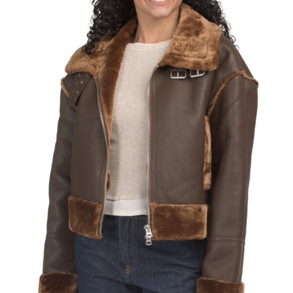 NEW HUDSON Cropped Faux Leather And Shearling Aviator Jacket in brown 1025 4m2 - Picture 3 of 6